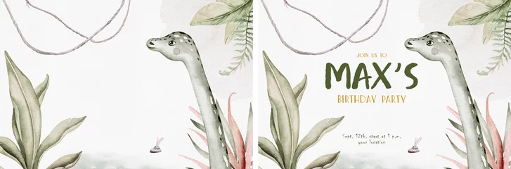 Tuinposter Cute dinosaur cartoon baby shower pre-made background watercolor illustration, hand painted dino for birthday poster decoration. Rex children funny © kris_art