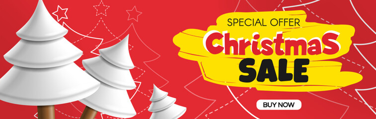 christmas sale special offer red banner design with white 3d christmas trees vector illustration