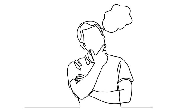 Continuous line drawings of a young man thinking.worried man thinking problem about businessman
confused vector illustration. one line drawing of a thinking man. 
