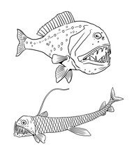 Deep-sea fish to color in. Template for a coloring book with sea animals. Colouring page.
