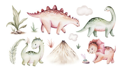 Watercolor cute cartoon dino. Dinosaurs Set Isolated on a White Background Illustration, Baby shower invitation kids birthday jurassic party. tyrannosaurus - obrazy, fototapety, plakaty