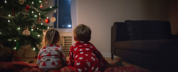 Two kids sitting together and looking to Christmas tree, view from the back