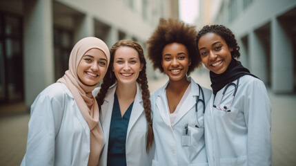 Fototapeta premium A group photo of medical students in celebratory scrubs, marking their journey in medical education
