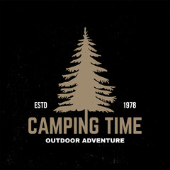 Camping time. Outdoor adventure. Vector illustration. Concept for shirt or logo, print, stamp, patch or tee. Vintage typography design with forest pine tree silhouette