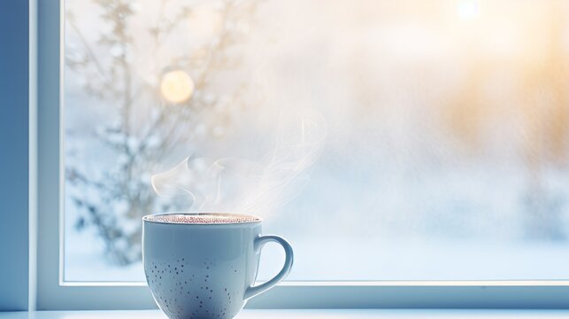 hot delicious tea against the backdrop of a window with snow behind it