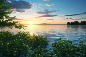 Tranquil scene green bush blue water sunset