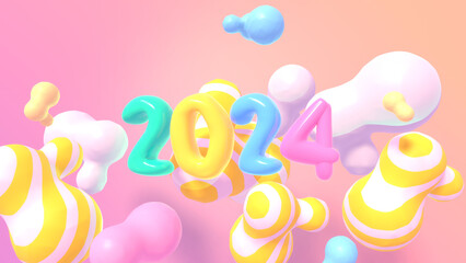 3d rendered 2024 Happy New Year with colorful blobs in the sky.