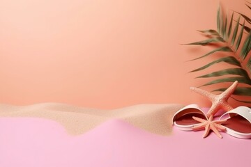 Minimal summer scene with pink flippers, sea stars, sand, sunlight, coconut leaves, and copy space. Generative AI