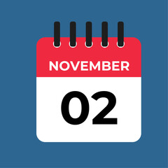 November 2nd calendar reminder. 2nd november daily calendar icon template. Calendar 2nd november icon Design template. Vector illustration