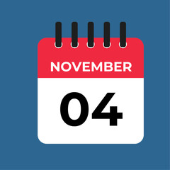 November 4 calendar reminder. 4 november daily calendar icon template. Calendar 4 november icon Design template. Vector illustration