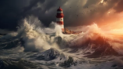 Gordijnen Ship lighthouse storm waves sea © Dave