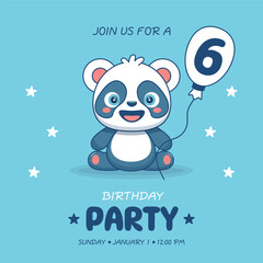 Cute baby boy panda. Birthday invitation for 6 year. Vector illustration