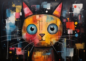 Abstract acrylic painting of a cat, Generative AI
