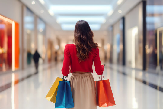 Woman with colorful bags in hands walking in the shopping mall. Rear view.