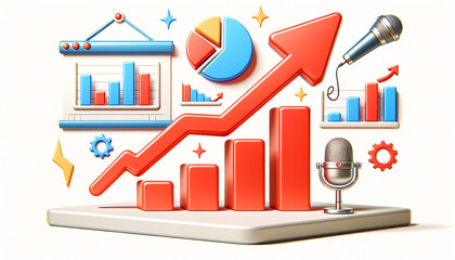 3D cartoon illustration showcasing a business graph with a rising arrow. The arrow is bright red and points upwards, indicating growth