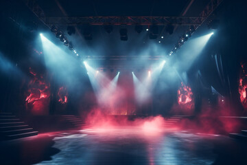 An empty stage ready for concert, with big colored lights and smoke - obrazy, fototapety, plakaty