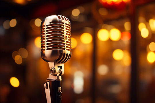 A vintage microphone against a blurred lights background. Live performance concept.