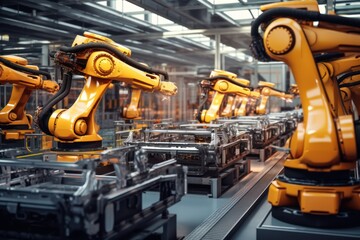Industrial robots collaborating in a high-tech manufacturing line.