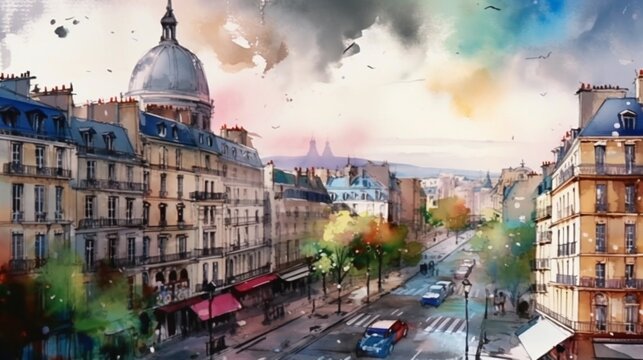 Watercolor painting of paris illustration colorful Ai generated art