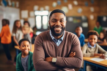 A black  male teacher looks at the camera inside the classroom with students generative ai
