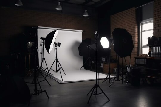 Photo studio setup with lighting equipment. Generative AI