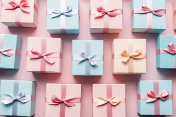 Many colorful pastel gift box on color background.