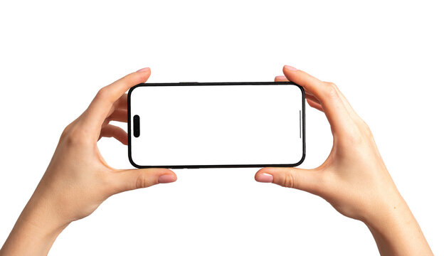 Berlin, Germany October 20 2023 Hands holding iphone 14 pro mockup, horizontal screen mock-up, isolated on white