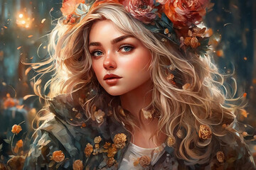 Portrait of a beautiful girl with flowers in her hair. Illustration in pastel colors.