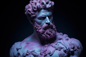Homme stoïque fait de marbre ciel sombre avec une esthétique post Internet bleu et violet clair, des couleurs claires poetcore. IA générative, IA