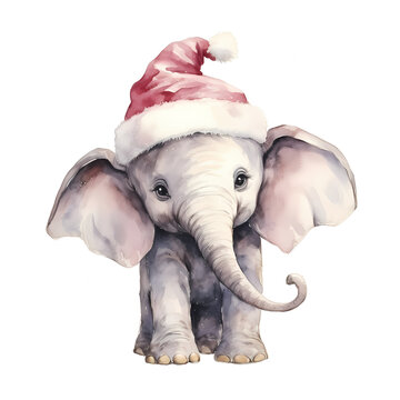 Watercolor Christmas elephant transparent background