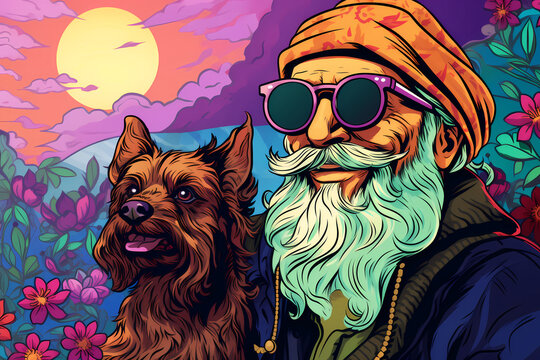 Retired grandpa and his companion. Happy old man with his brown dog in a garden. Hipster grandpa and his pet. Colorful portrait of an elderly man with his dog in a park