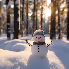 Obraz premium Tiny cute snowman with a face made of carrot and stones hat and scarf, sitting in a sunlit winter forest.
