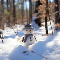 Tiny cute snowman with a face made of carrot and stones hat and scarf, sitting in a sunlit winter forest.