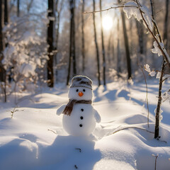 Obraz premium Tiny cute snowman with a face made of carrot and stones hat and scarf, sitting in a sunlit winter forest.