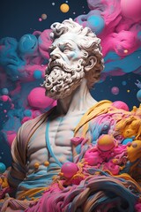 Un mélange de couleurs marbre, or et néon homme stoïque dans l'univers du stoïcisme, fond pastel. IA générative, IA