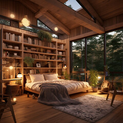 wooden construction with 2 large windows across the corner to sit in, with a view of nature in front of it a workplace for 2 peole under a drop down bed , acosy reading area with smll library