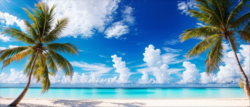 The sea shore with palm trees, blue sky and clouds.