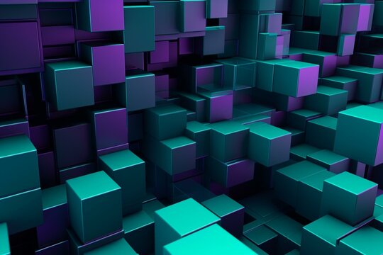Futuristic 3D abstract wallpaper featuring interconnected purple and turquoise blocks with free space. Generative AI