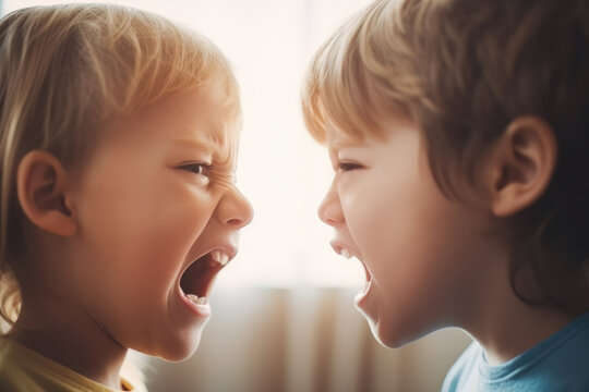 Two little boys are arguing with each other