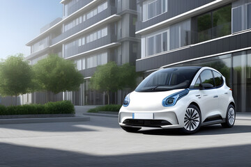 Electric car in the yard among new buildings