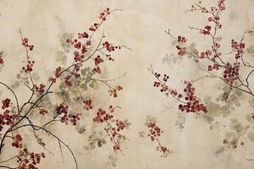 Vintage Canvas with Vines and Red Flower Texture Background