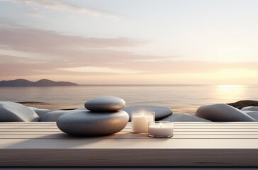 Spa and Beauty Product Display with Stones and Sea Sunrise Candles