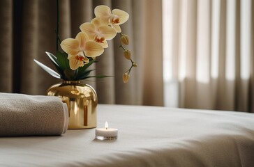 Fototapeta na wymiar Spa and Beauty Product Display with Orchid, Candle, and Towel (Indoor)