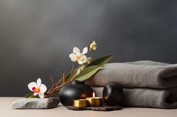 Spa and Beauty Product Stand with Black Stone, Golden Candles, Orchids, and Towels