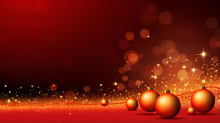 Glittering red christmas background with lights,Festive Wooden Table with Christmas Ornaments,AI Generative 