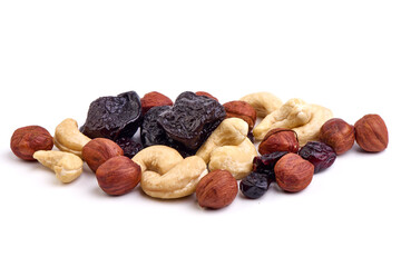 Nut and dried fruit mix, isolated on white background.