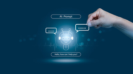 Artificial intelligence (AI), conversational assistant, digital chatbot, robot application, and customer service concept. Using a digital chatbot and the contact us interface by hand