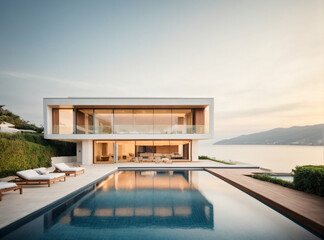 Fototapeta premium Luxury house with swimming pool and terrace in modern design, contemporary holiday villa exterior.