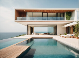 Luxury house with swimming pool and terrace in modern design, contemporary holiday villa exterior.