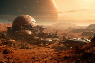 Colonie humaine sur Mars. Paysage futuriste de Mars. IA générative, IA - obrazy, fototapety, plakaty